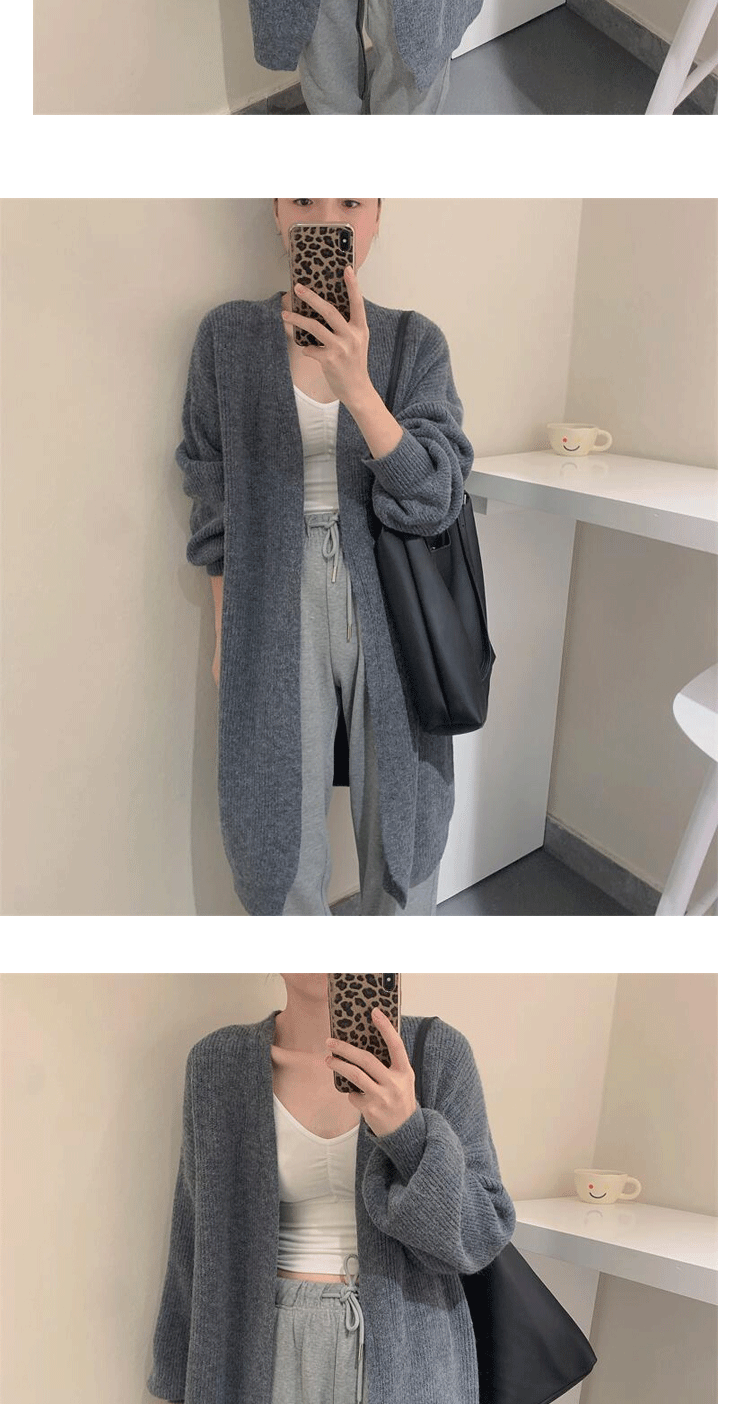 V-neck long spring and autumn cashmere knitted cardigan warm pure color simple temperament jacket lazy shawl sweater_voghion.com