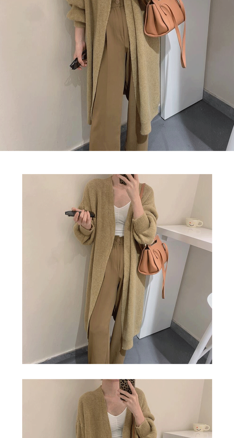 V-neck long spring and autumn cashmere knitted cardigan warm pure color simple temperament jacket lazy shawl sweater_voghion.com