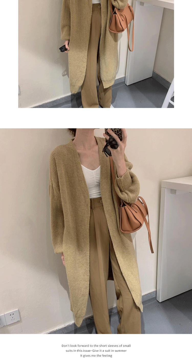 V-neck long spring and autumn cashmere knitted cardigan warm pure color simple temperament jacket lazy shawl sweater_voghion.com