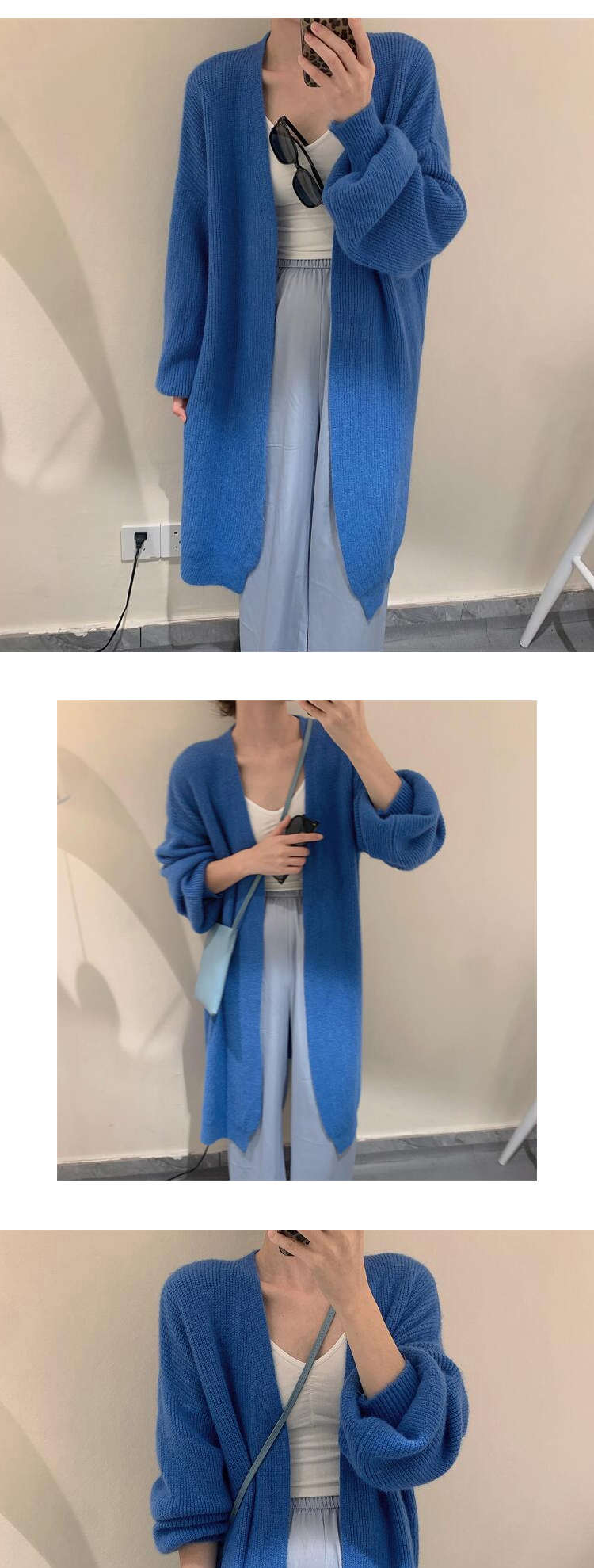 V-neck long spring and autumn cashmere knitted cardigan warm pure color simple temperament jacket lazy shawl sweater_voghion.com