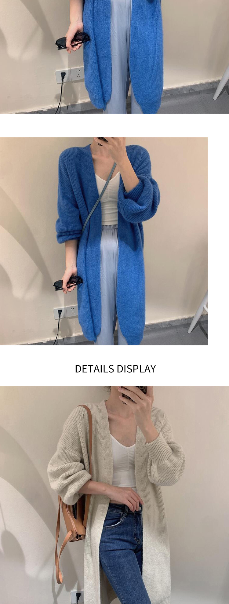 V-neck long spring and autumn cashmere knitted cardigan warm pure color simple temperament jacket lazy shawl sweater_voghion.com