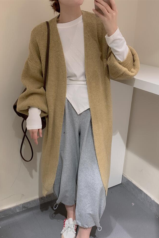 V-neck long spring and autumn cashmere knitted cardigan warm pure color simple temperament jacket lazy shawl sweater_voghion.com