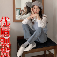 韩版 简约百搭经典纯色衬衫+甜美毛衣背心吊带套装可拆