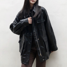 批发复古多口袋pu皮衣外套2025秋季时尚百搭显瘦机车皮夹克上衣