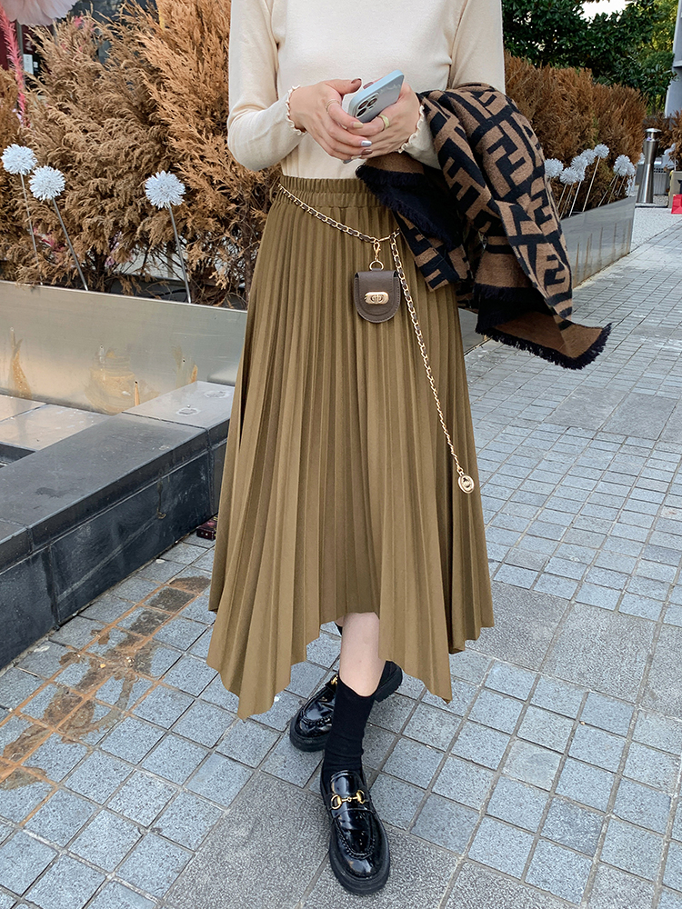 重工压褶高腰纯色不规则百褶裙半身裙中长裙秋冬新款法式裙子