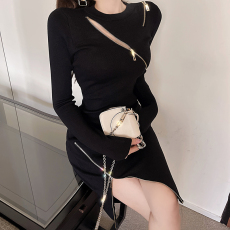 批发2025新款圆领中长款修身包臀过膝拉链开叉针织<b class='q'>连衣裙</b>