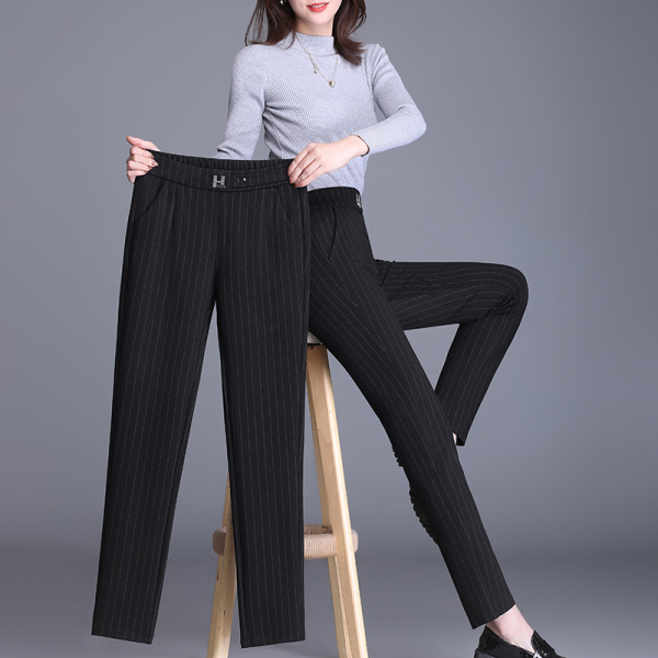 RS52564#韩版条纹中年妈妈装直筒裤秋冬新款松紧裤头休闲大码女裤