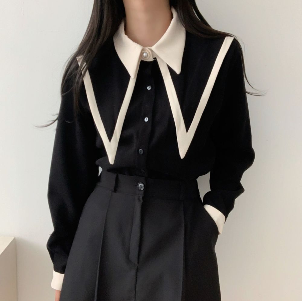 한국 chic 디자인 센스 작은 대중 레트로 베이비 칼라 긴팔 셔츠 맨위 여성