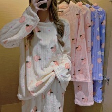 实拍实价 韩版宽松珊瑚绒加厚保暖睡衣蜜桃印花外穿家居服两件套