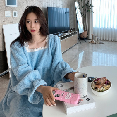 现货。韩国东大门网红珊瑚绒方领花边毛毛保暖居家睡衣软妹连衣裙