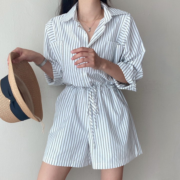 chic 봄 여름 한 부서 새로운 폴로 칼라 품격 다용도 스트라이프 펌프 로프 슬림해 보이는 캐주얼 휴가 셔츠 올인원 바지