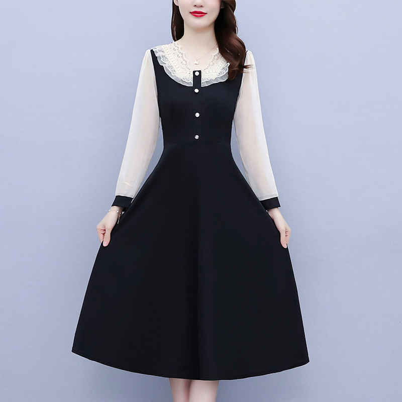 PF20036#新款胖仙女网纱拼接A字裙大码女装中长款V领连衣裙女女裝貨源服裝批發