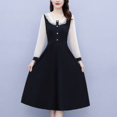 批发2026<b class='q'>春</b>秋新款胖MM仙女网纱拼接显瘦A字裙大码女装中长款V领连衣裙