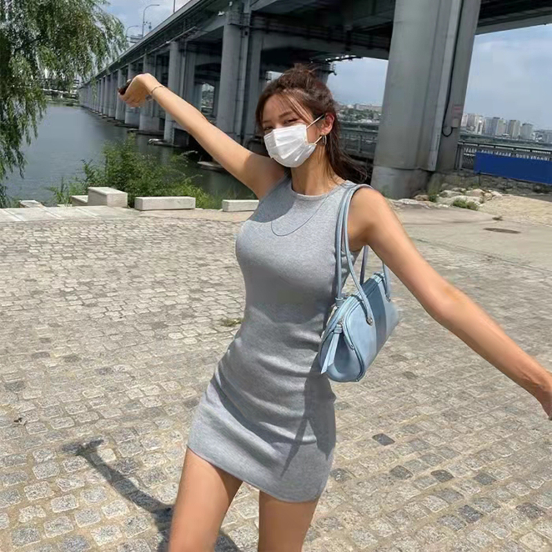 韩版时尚性感无袖针织裙修身收腰包臀显瘦中长款连衣裙