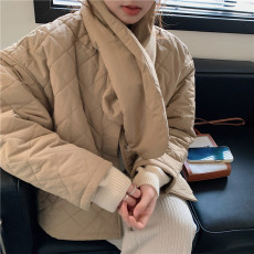 实拍实价 chic鬼马宽松菱形格纹棉服外套棉衣 2色现货带围脖