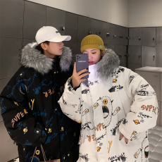 批发100%聚酯纤维特价官图秋冬2025潮流设计卡通印花加厚连帽棉服