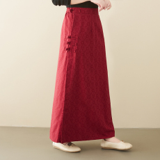 批发2026新款实拍春复古棉麻提花盘扣修身显瘦气质包臀半身裙