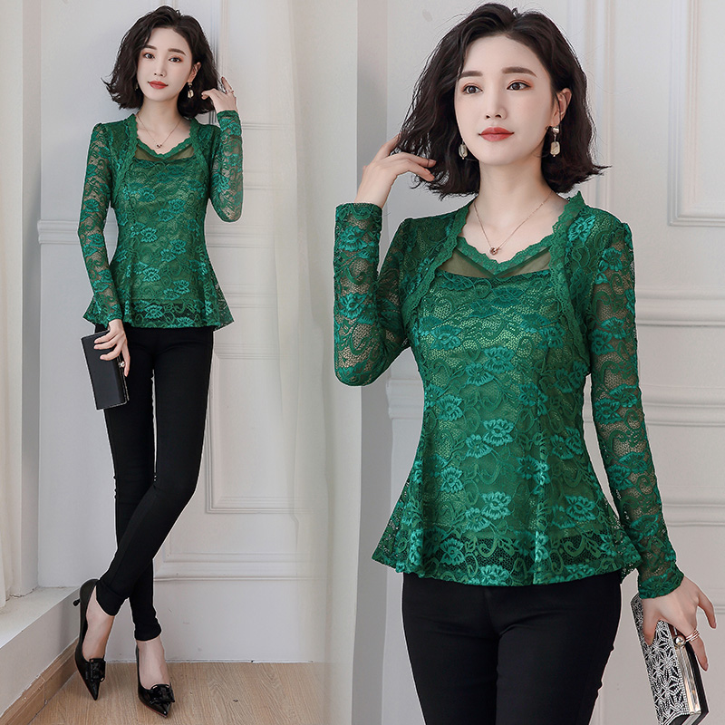 MY16481# V领蕾丝打底衫大码上衣高弹力女裝貨源服裝批發