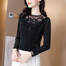 批发2026春秋新款妈妈装<b class='q'>网纱</b>打底衫女春秋高领蕾丝上衣性感洋气内搭