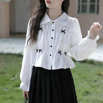 现货春新款韩版设计宽松超仙甜美蝴蝶结娃娃领开衫衬衫外套上衣