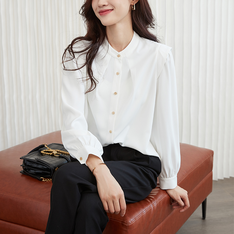 프랑스식 스탠드 칼라 쉬폰 여성 셔츠 디자인 센스 작은 대중 화이트 셔츠 가을 작은 셔츠 루즈핏 품격 긴팔 맨위