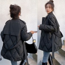 韩国黑色菱格羽绒服女中长款收腰海军领冬季2021年新款白鸭绒外套