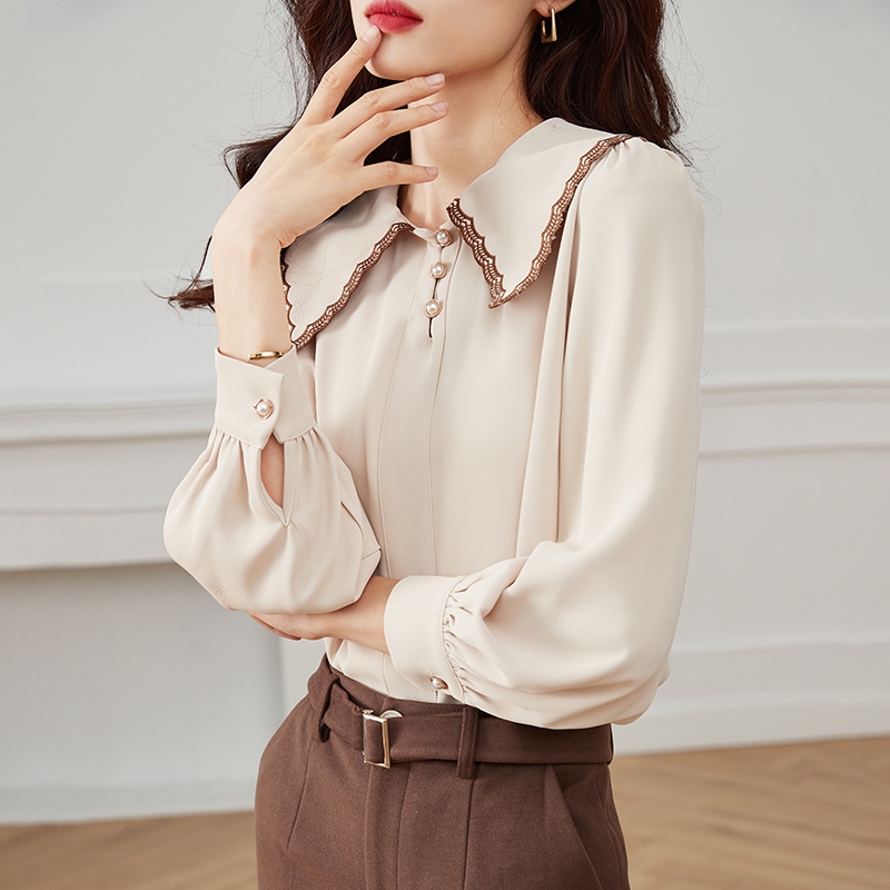 베이비 칼라 새로운 아름다운 쉬폰 여성 셔츠 가을 작은 대중 품격 셔츠 긴팔 맨위 고유 한 Chic 작은 셔츠