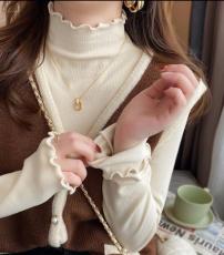 白色加绒打底衫女内搭秋冬2021新款洋气半高领加厚木耳边中领上衣