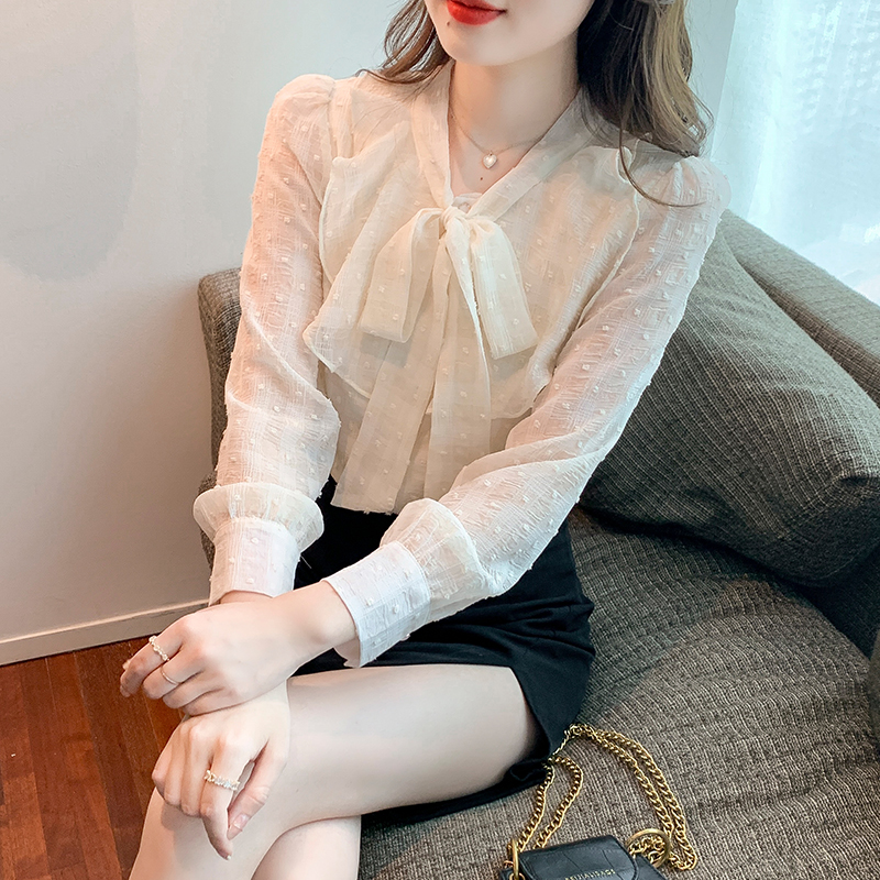 MY70280# 新款泡泡袖蝴蝶结杏色雪纺衬衫女立领上衣女裝貨源服裝批發
