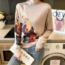 批发实拍2026春季新款半高领复古女式上衣<b class='q'>宽松</b>印花薄款内搭针织毛衣