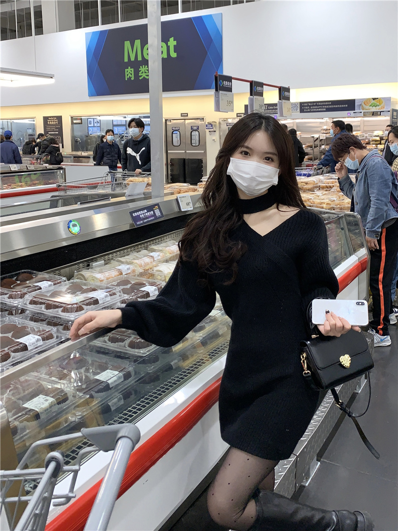 實拍新款露肩掛脖針織性感包臀裙毛衣連衣裙