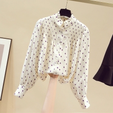 批发波点褶皱花边领口泡泡长袖春秋季新款2026减龄上衣女<b class='q'>雪纺衫</b>
