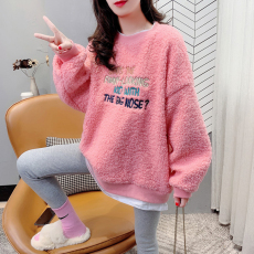 批发官图羊羔绒春秋2022设计感字母刺绣圆领假两件加绒卫衣女