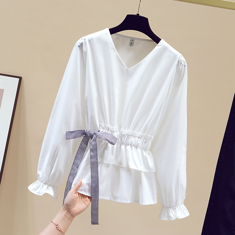 MY12900# 大码女收腰显瘦减龄气质衬衫V领宽松上衣服女裝貨源服裝批發