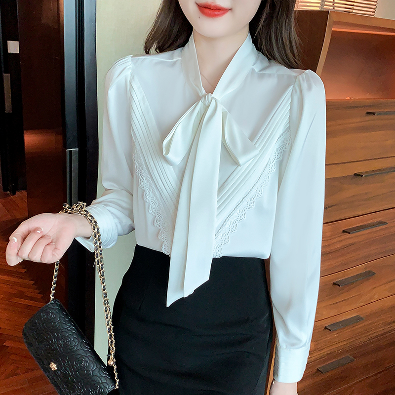 實拍2024春季真絲桑蠶絲漂亮時尚的襯衫女蝴蝶結百褶新款白襯衣