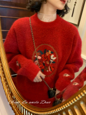 鹿阿姨卓叔叔◆圣诞新年复古羊毛红色刺绣毛衣女冬加厚2021年新款