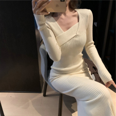 批发2025新款韩版胖妹妹修身显瘦针织方领内搭过膝<b class='q'>连衣裙</b>