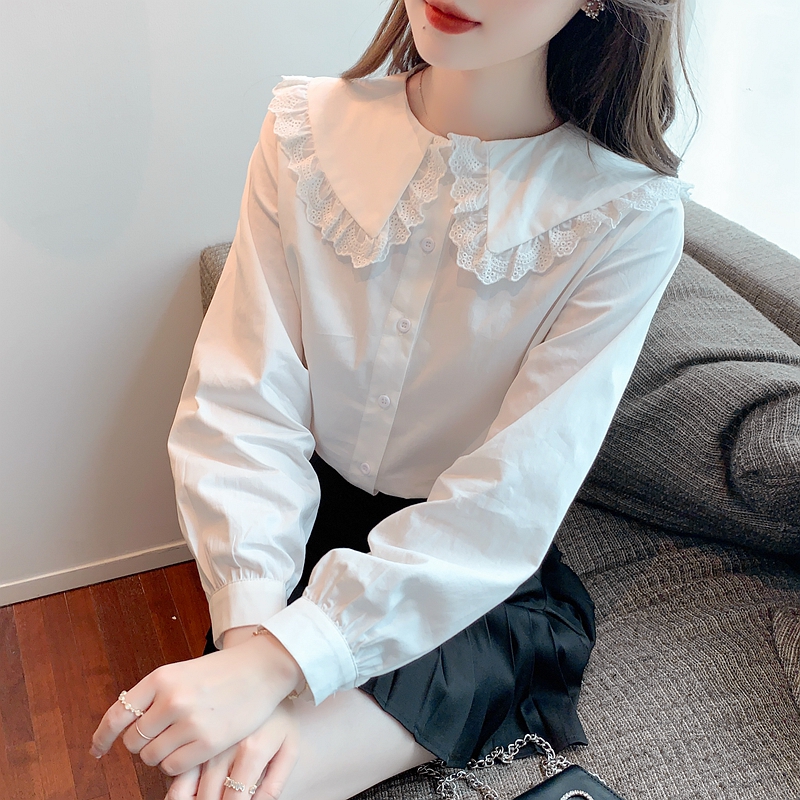 PF30128#娃娃领小众长袖白色衬衫女内搭衬衣春装设计氛围感荷叶边上衣女裝貨源服裝批發