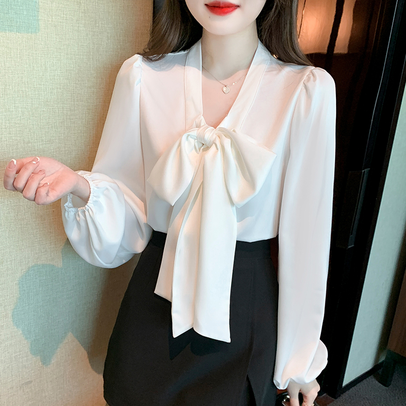 PF29782#白色蝴蝶结衬衫女小香风系带飘带打底上衣法式雪纺衬衣女裝貨源服裝批發