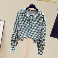 批发2026实拍春秋新款女装复古<b class='q'>棋盘</b><b class='q'>格</b>雪纺衫小众长袖系带衬衫上衣