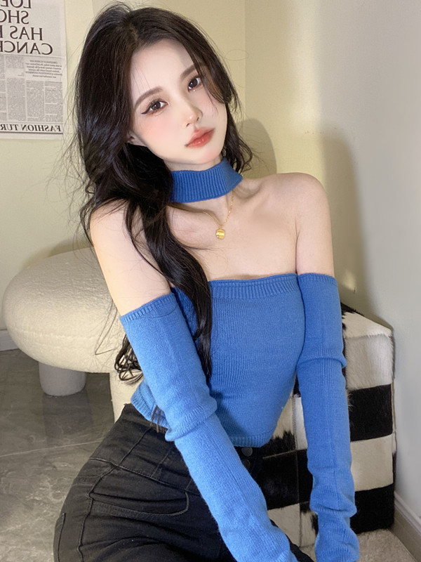 Sleeves, halter neck vest, knitted two-piece set, worn inside and outside, slim-fitting knitted bottoming shirt