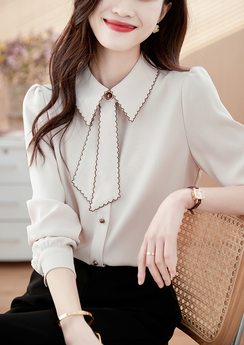 MY15920# 设计感小众上衣砖红色飘带衬衫长袖打底衫洋气娃娃领显瘦衬衣...