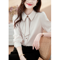 批发设计感小众上衣砖红色飘带衬衫女长袖打底衫洋气<b class='q'>娃娃领</b>显瘦衬衣