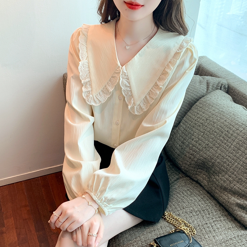 베이비 칼라 여성 셔츠 2026 봄 가을 디자인 센스 작은 대중 다용도 레트로 품격 폴로 칼라 긴팔 셔츠 가을