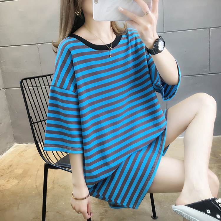 2022夏装实拍新款韩版宽松大码中长款条纹短袖T恤女 纯棉