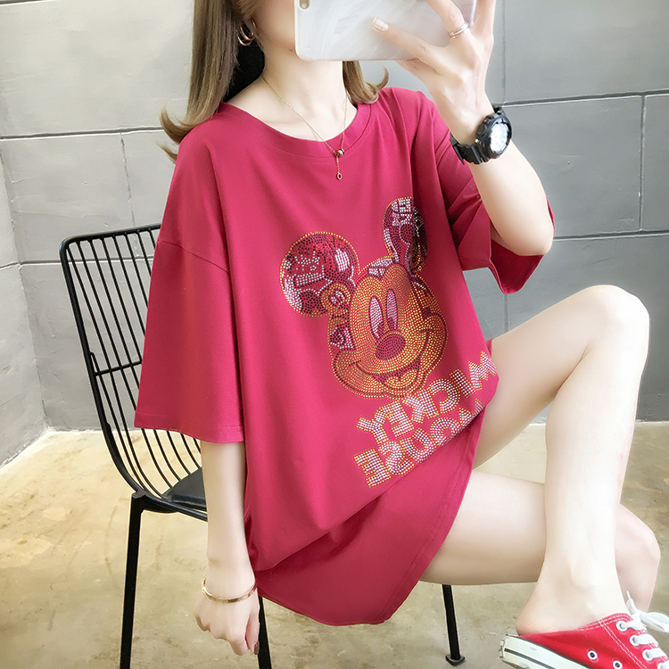 2022夏装实拍新款韩版宽松大码女装中长款卡通印花圆领短袖T恤