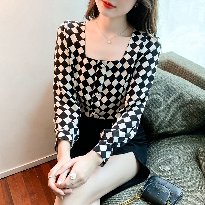 2026 봄 가을 프랑스식 작은 대중 품격 거품 소매 광장 칼라 긴팔 레트로 체크무늬 쇼트 스타일 셔츠 여성 셔츠
