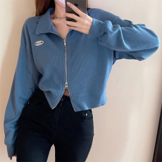 批发实拍实价2026 <b class='q'>韩版</b>小个子百搭双拉链长袖外套宽松短款polo领上衣