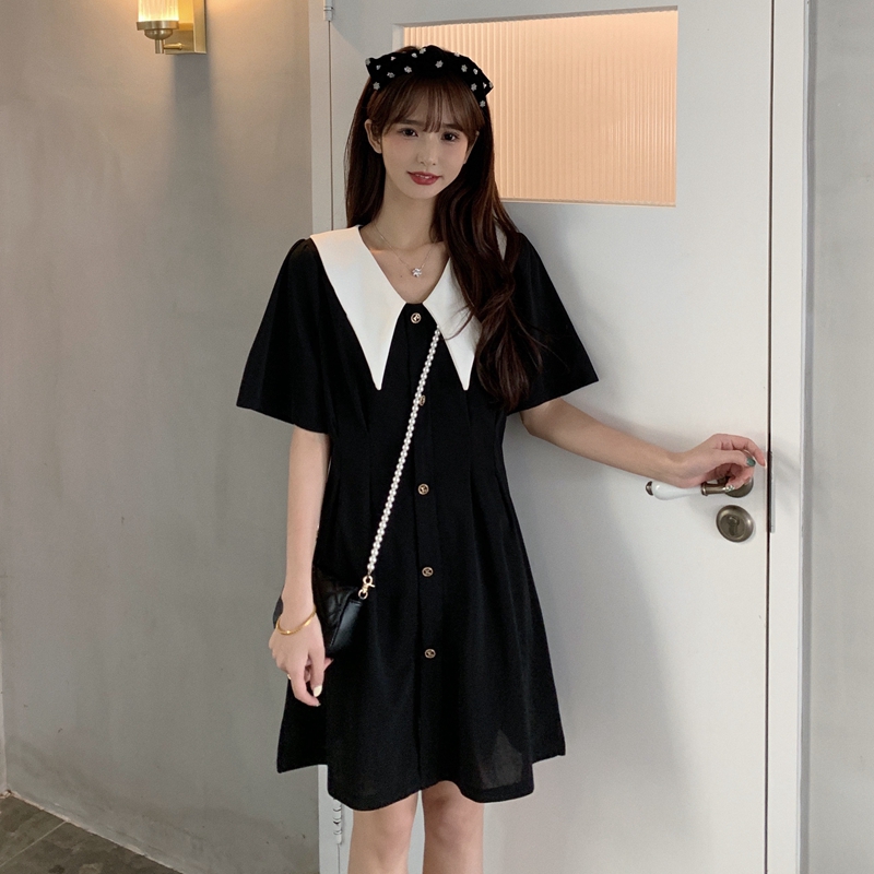 RY3653# 实拍夏季新款大码娃娃领黑色裙子收腰气质短袖连衣裙M-4XL200斤