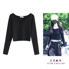 批发~baby<b class='q'>杨颖</b>明星<b class='q'>同款</b>2022秋季黑色系带修身短款长袖针织衫T恤女